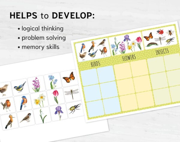 Spring Sorting Game: Montessori Math, Flowers, Birds, Insects (Printable)