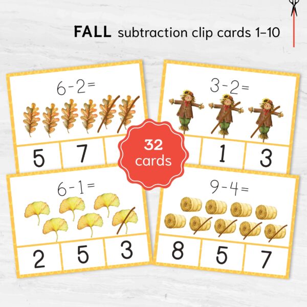 Autumn Subtraction Clip Cards: Montessori Math, Ages 3-5 (Digital Download)
