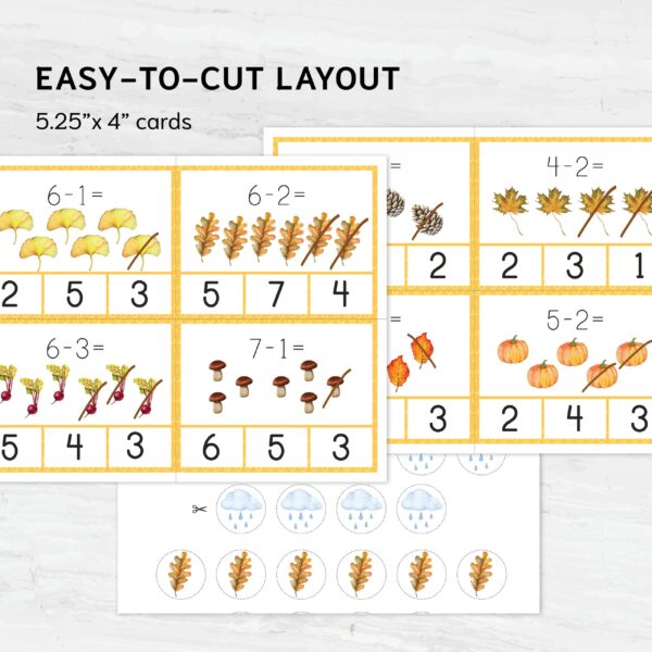 Autumn Subtraction Clip Cards: Montessori Math, Ages 3-5 (Digital Download)