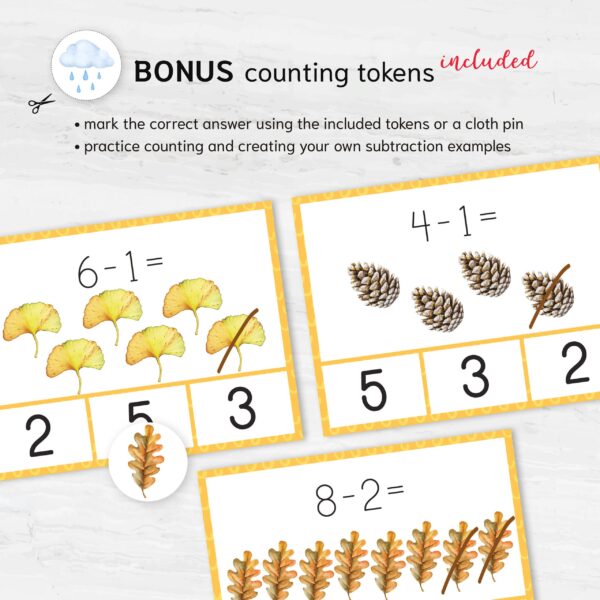 Autumn Subtraction Clip Cards: Montessori Math, Ages 3-5 (Digital Download)