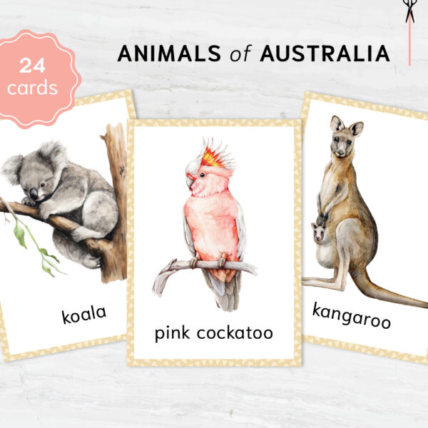 Colorful Australian Animals Flashcards for Montessori Education - Nomenclature Learning Cards for Homeschooling