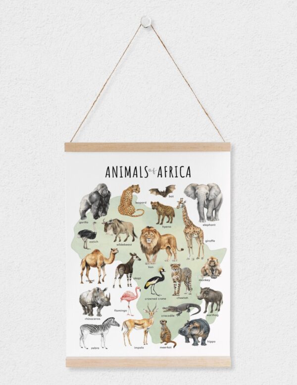 Animals of Africa Educational Poster – Watercolor Wildlife Map | Montessori & Homeschool Printable