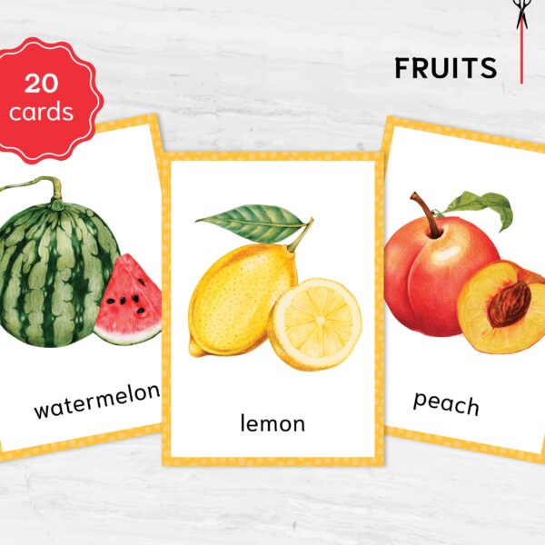 Watercolor Fruit Flashcards - Montessori Vibrant Learning Set, Printable Kids Vocabulary Cards for Homeschooling & Learning