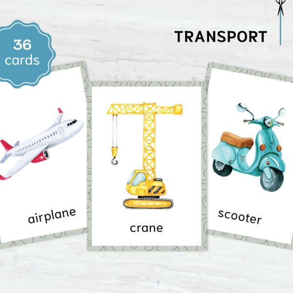 Printable Transport Flashcards Montessori Learning - Watercolor 3 Part Vehicle Cards