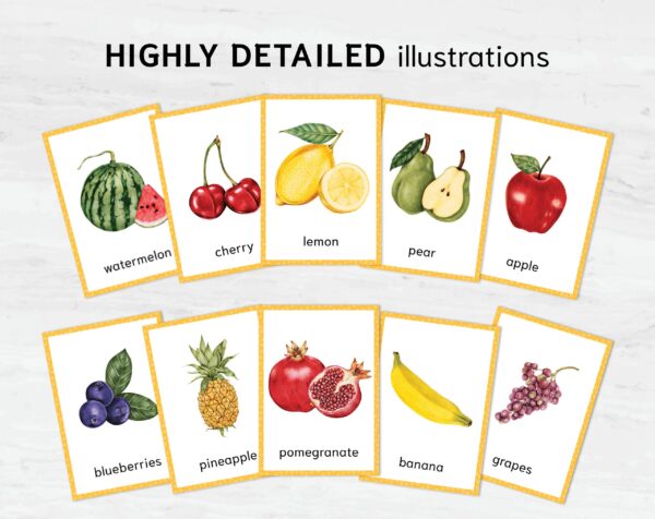 Watercolor Fruit Flashcards - Montessori Vibrant Learning Set, Printable Kids Vocabulary Cards for Homeschooling & Learning