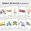 Printable Transport Flashcards Montessori Learning - Watercolor 3 Part Vehicle Cards