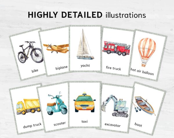 Printable Transport Flashcards Montessori Learning - Watercolor 3 Part Vehicle Cards