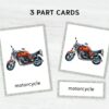 Printable Transport Flashcards Montessori Learning - Watercolor 3 Part Vehicle Cards