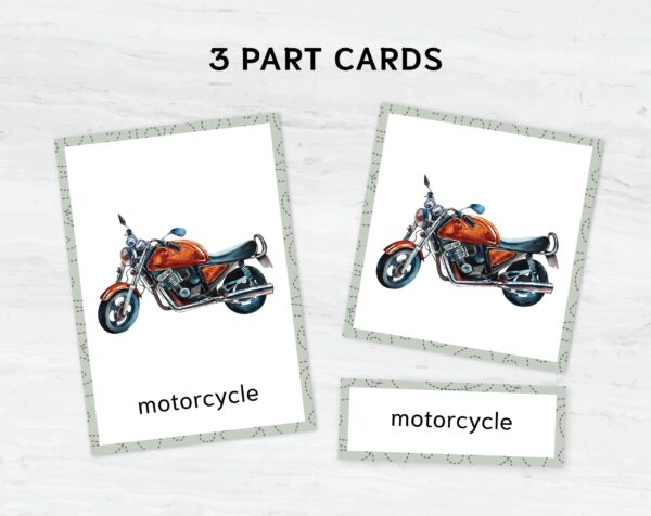 Printable Transport Flashcards Montessori Learning - Watercolor 3 Part Vehicle Cards