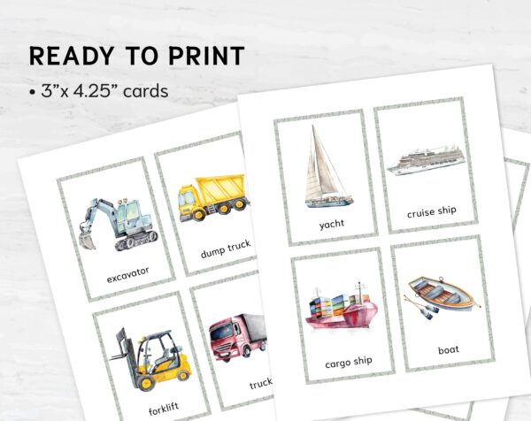 Printable Transport Flashcards Montessori Learning - Watercolor 3 Part Vehicle Cards