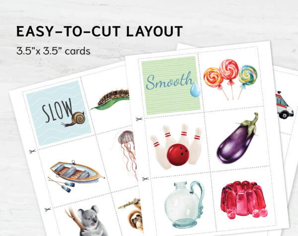 Explore Opposites sorting activity: FAST-or-SLOW Montessori-Styled Logic Set for Toddlers flashcards