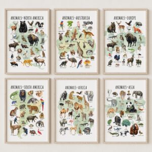 Animal Continents Watercolor Poster Set: Educational Wildlife Art + free Polar Animals print (7 prints)