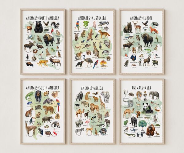 Animal Continents Watercolor Poster Set: Educational Wildlife Art + free Polar Animals print (7 prints)