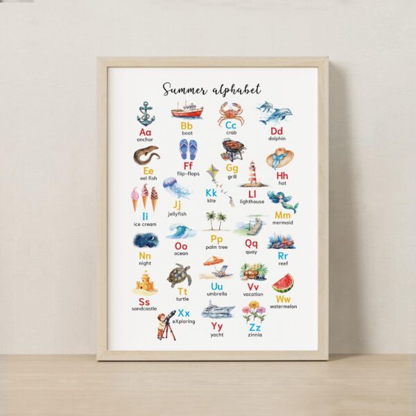 Summer Alphabet Printable Poster, Watercolor Letters Educational Print (Digital Download)