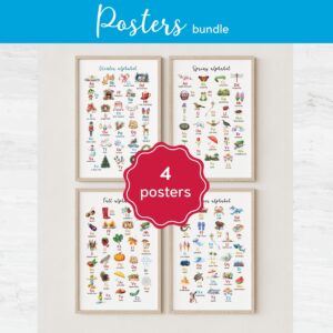 Seasonal Alphabet Posters Bundle | Spring Summer Fall Winter ABC Printable | Watercolor Kindergarten Classroom Decor