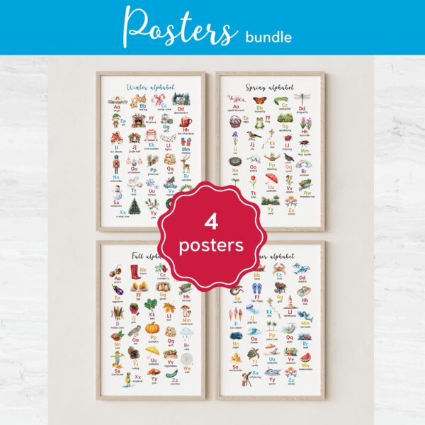 Seasonal Alphabet Posters Bundle | Spring Summer Fall Winter ABC Printable | Watercolor Kindergarten Classroom Decor