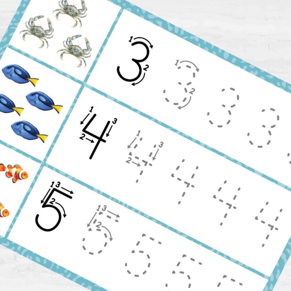 Ocean Number Tracing Worksheets 0-10 | PreK-K Counting + Line Tracing | Preschool Math Printable PDF