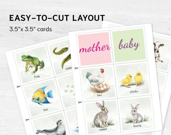 Mother Baby Animal Matching Cards Printable | Montessori PreK-K Science Activity | Animal Families Match Game